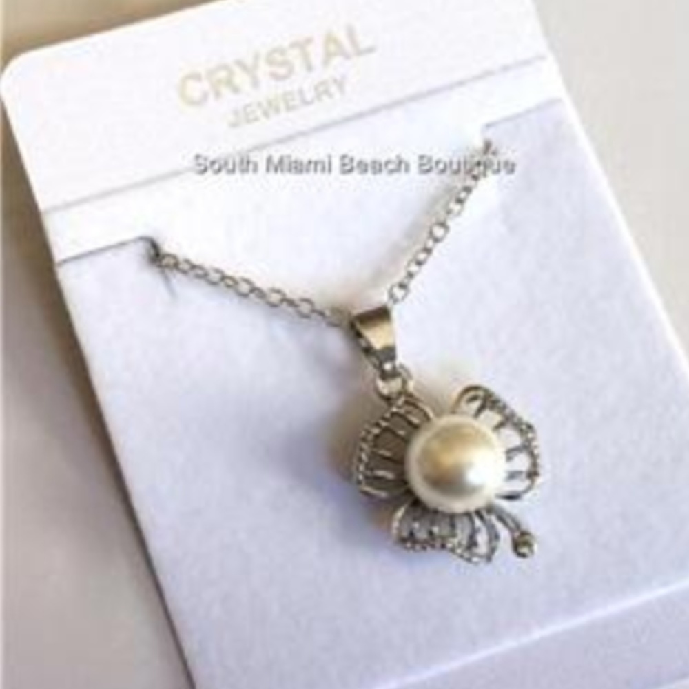 Silver Plated Pearl Crystal Irish Shamrock Necklace 18" St Patricks Day Celtic